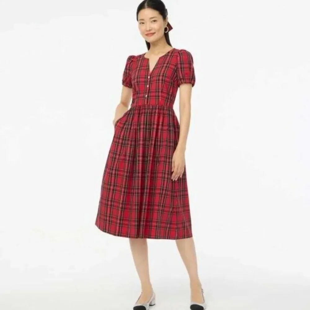 J. Crew Stewart Tartan Plaid Midi Dress 14 Red Puff Sleeve Cotton Blend Holiday